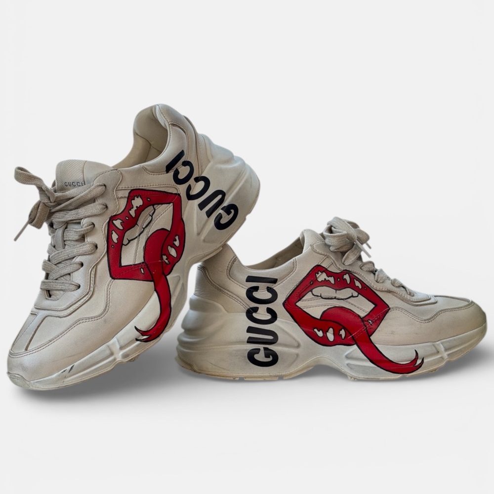 Gucci Beige Sneakers with Red Lip Design